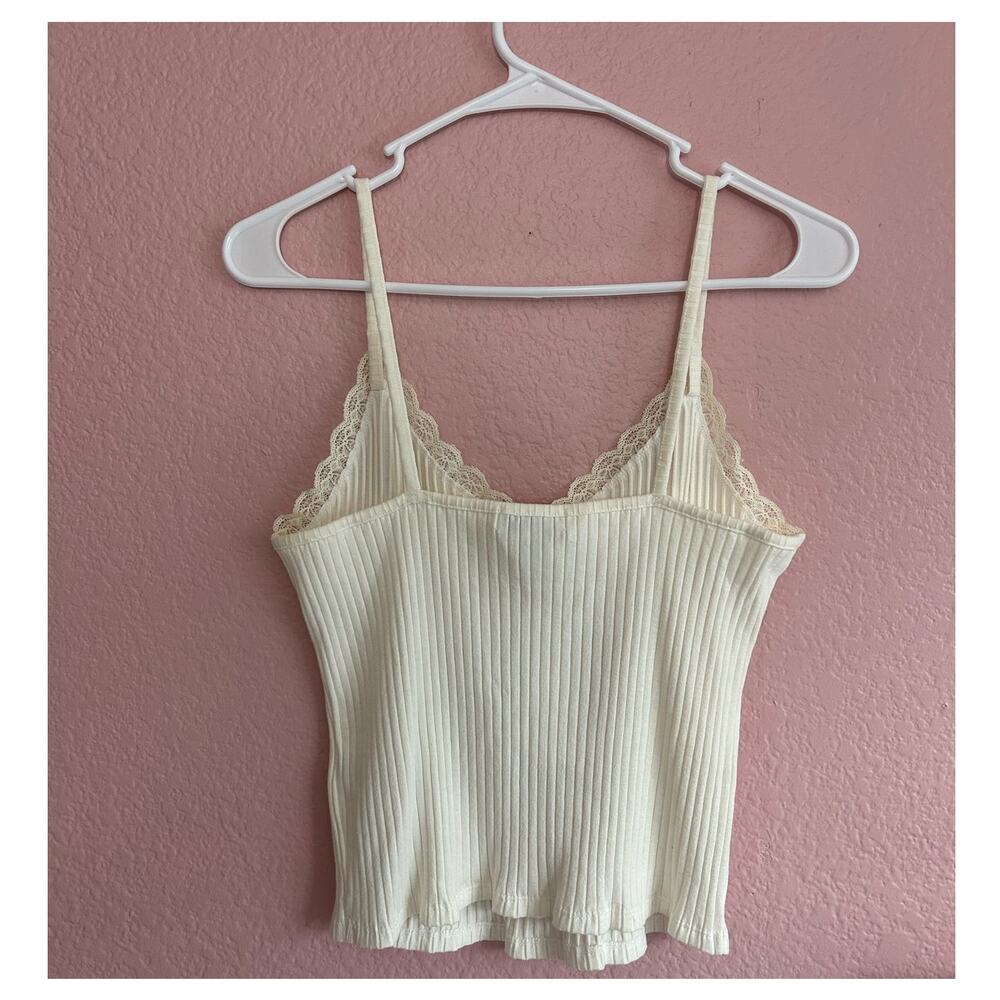 Topshop Lace Trim V Neck White Crop Cami Ribbed Top Size 12 Large Romantic NWT - Picture 2 of 9